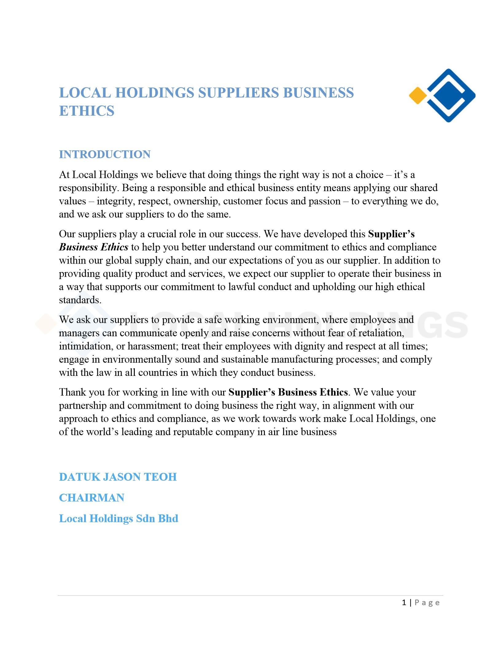 Local Holdings Suppliers Business Ethics